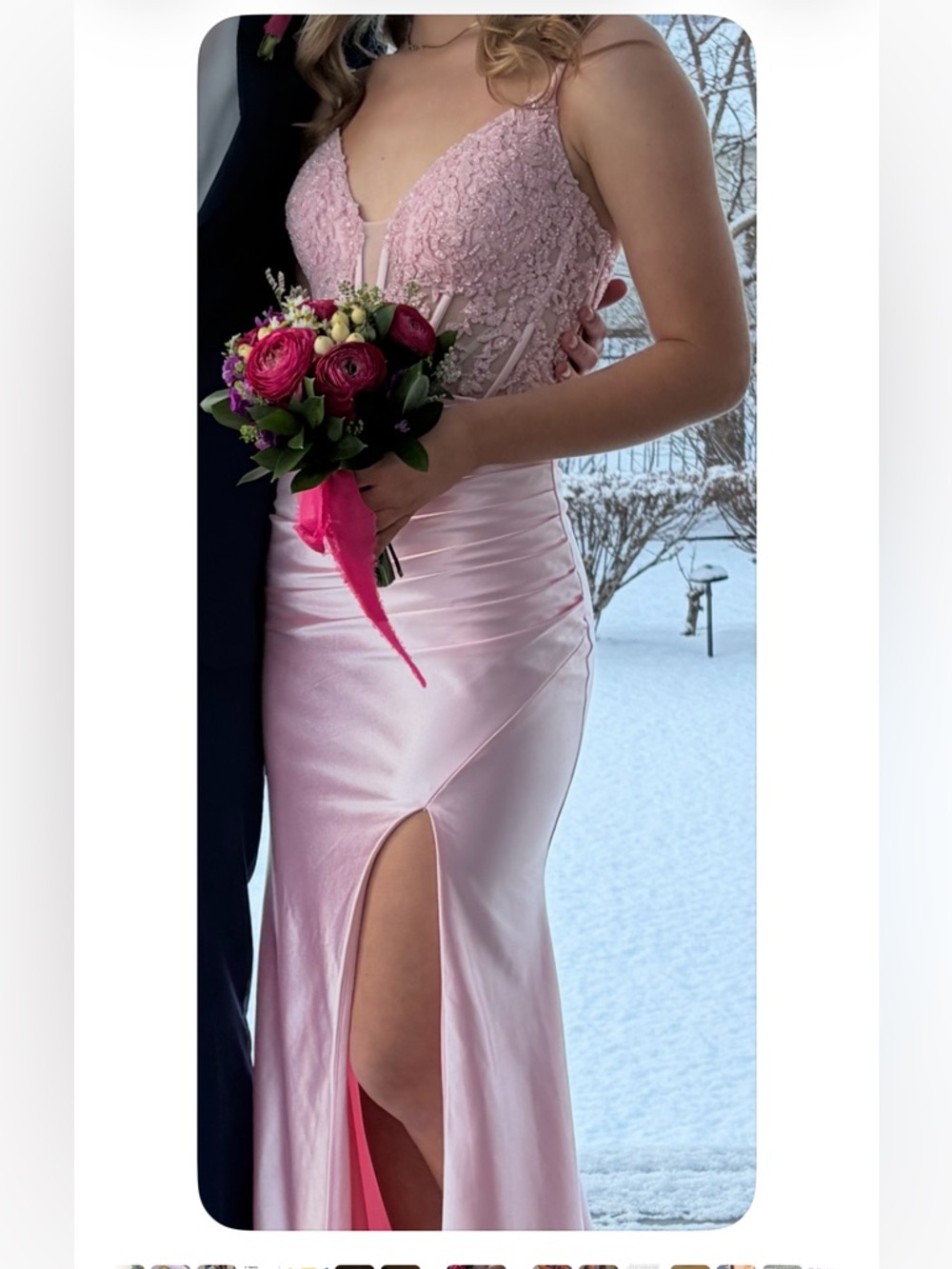 Elegant Pink Faviana Lace Bodice Satin Gown with Thigh Slit